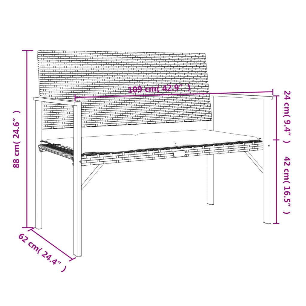 vidaXL 2-Seater Patio Bench with Cushion Gray Poly Rattan-7