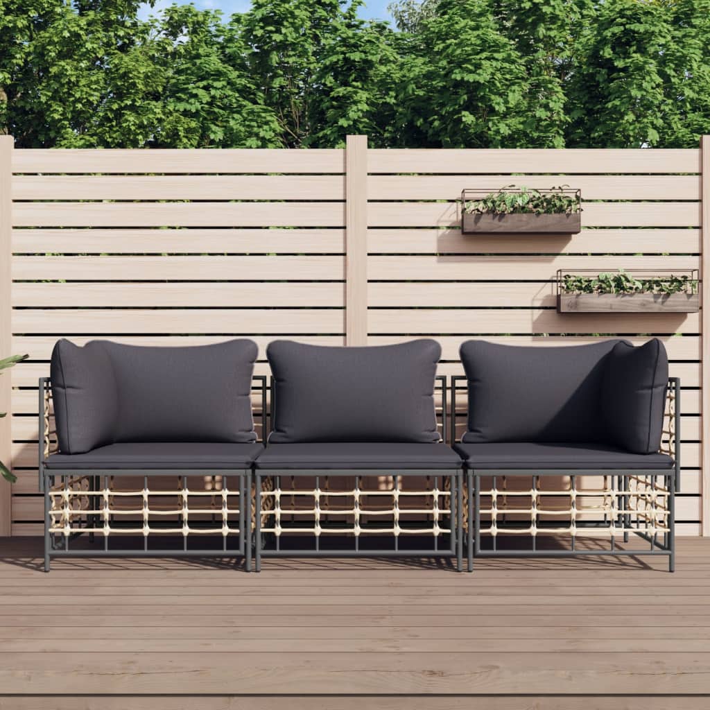 vidaXL 3 Piece Patio Lounge Set with Cushions Anthracite Poly Rattan-0