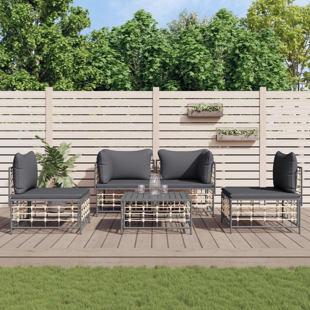 vidaXL 5 Piece Patio Lounge Set with Cushions Anthracite Poly Rattan-0