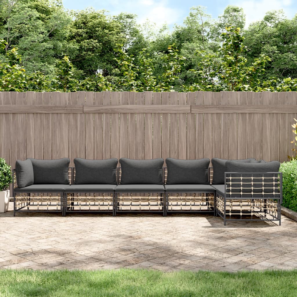 vidaXL 6 Piece Patio Lounge Set with Cushions Anthracite Poly Rattan-0