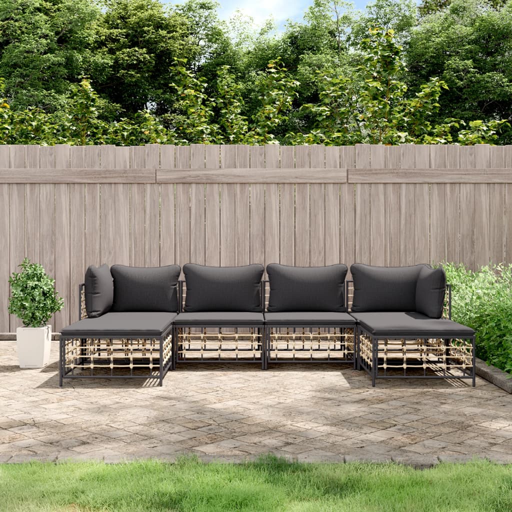 vidaXL 6 Piece Patio Lounge Set with Cushions Anthracite Poly Rattan-0