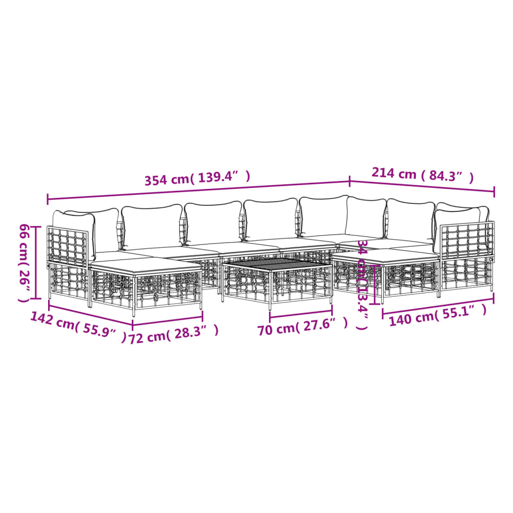 vidaXL 10 Piece Patio Lounge Set with Cushions Anthracite Poly Rattan-13