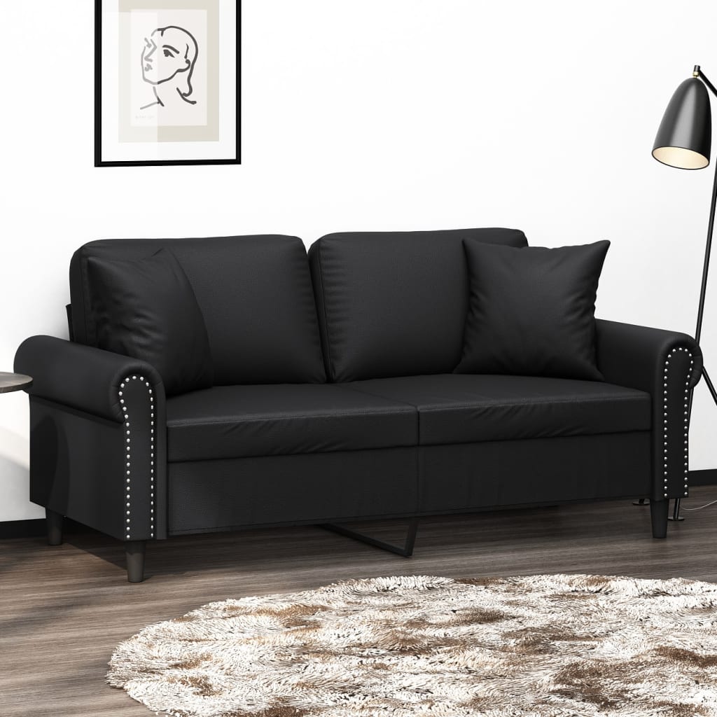 vidaXL 2-Seater Sofa with Throw Pillows Loveseat Couch Black Faux Leather-0
