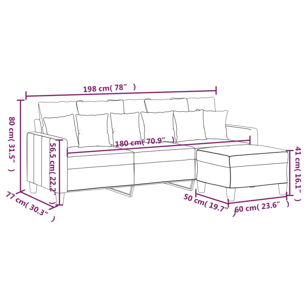 vidaXL Sofa 3-Seater Couch Sofa Armchair with Footstool for Living Room Fabric-10