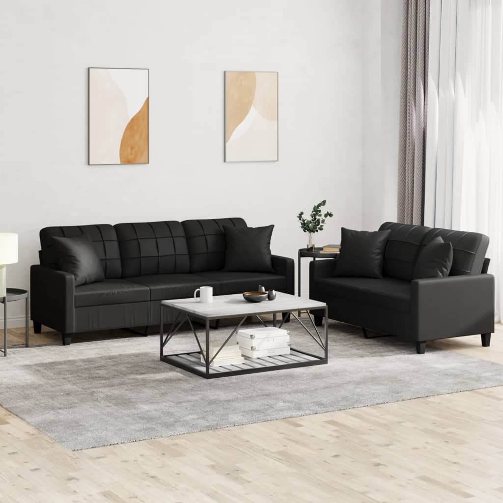 vidaXL 2 Piece Sofa Set with Pillows Black Faux Leather-0