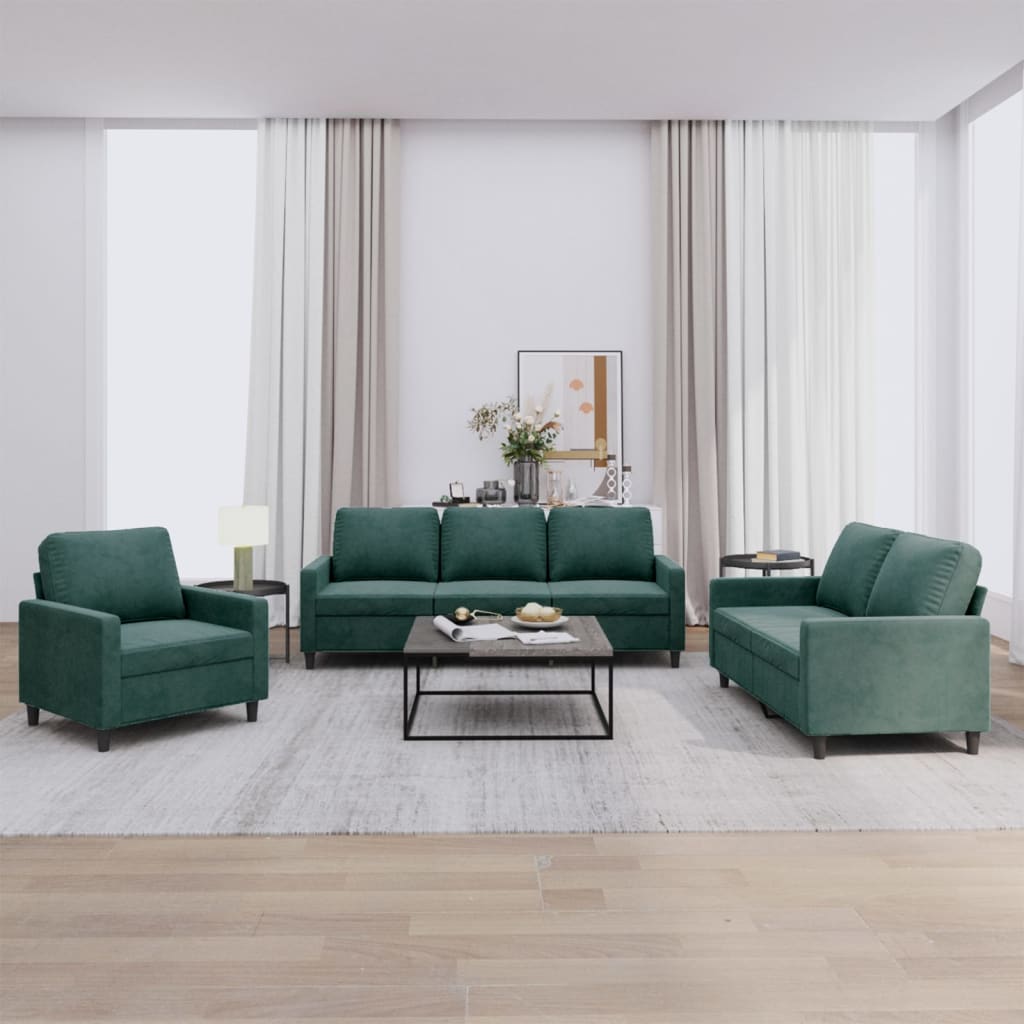 vidaXL 3 Piece Sofa Set with Cushions Dark Green Velvet-0