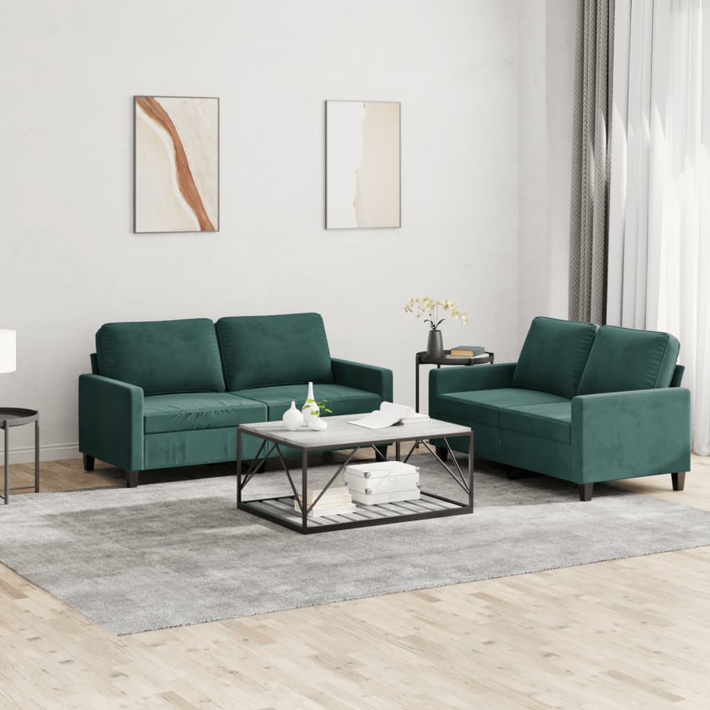 vidaXL 2 Piece Sofa Set with Cushions Dark Green Velvet-0