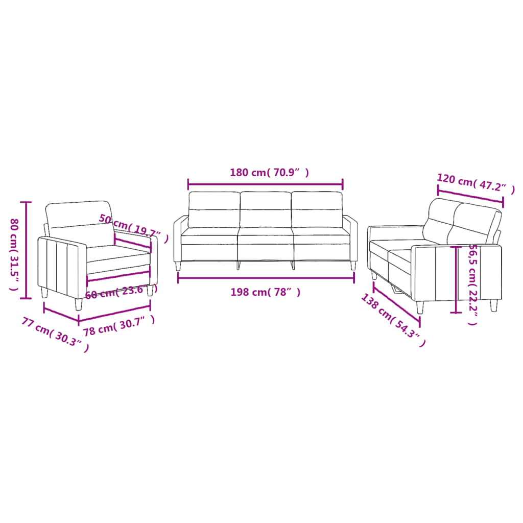 vidaXL 3 Piece Sofa Set with Cushions Black Fabric-6