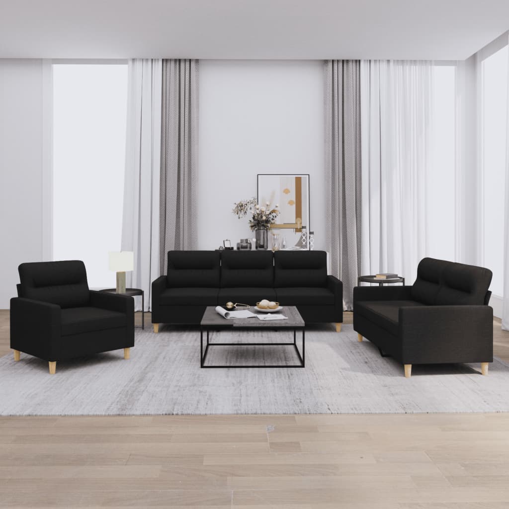 vidaXL 3 Piece Sofa Set with Cushions Black Fabric-0
