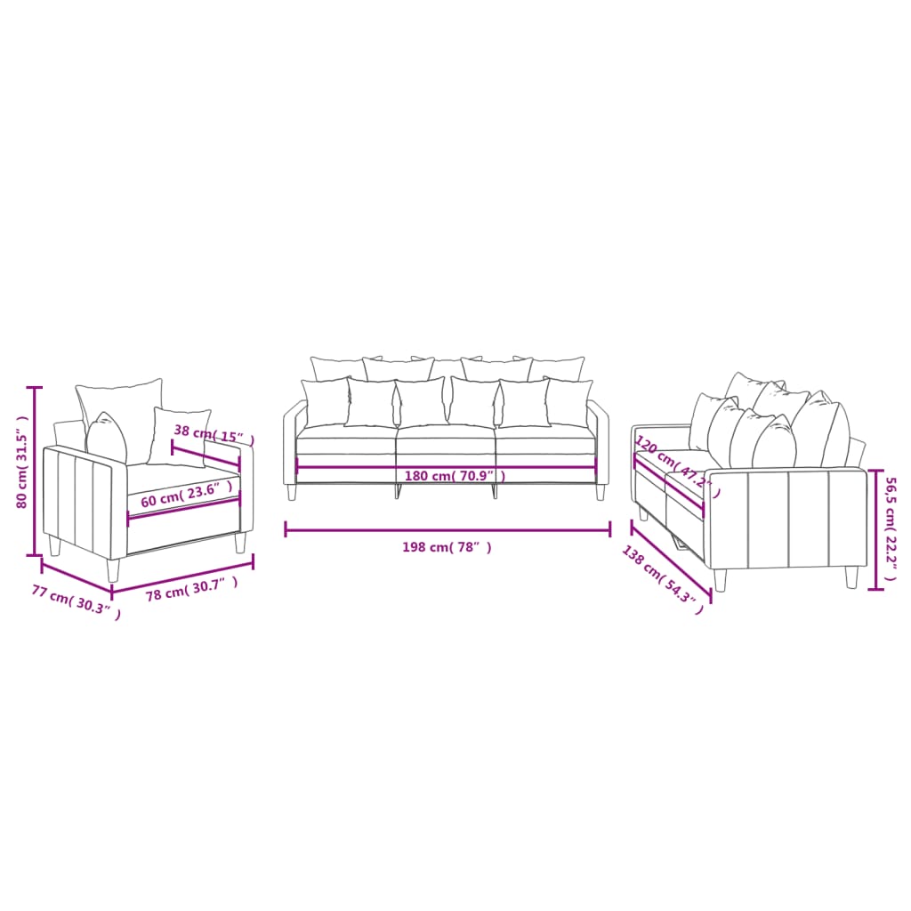 vidaXL 3 Piece Sofa Set with Cushions Light Gray Velvet-7