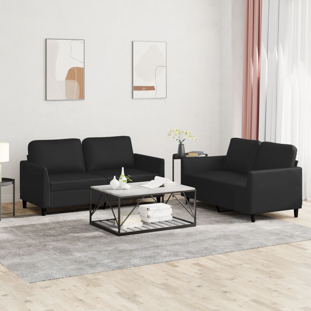 vidaXL 2 Piece Sofa Set with Cushions Black Faux Leather-0