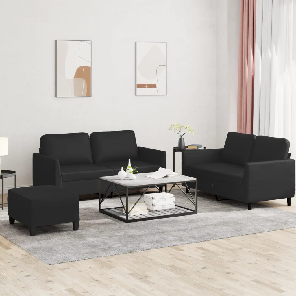 vidaXL 3 Piece Sofa Set with Cushions Black Faux Leather-0