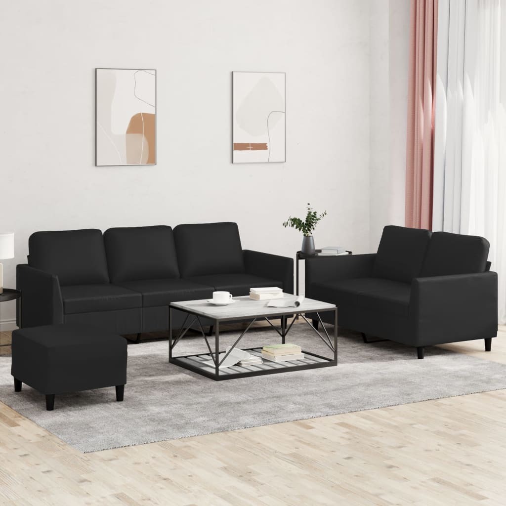 vidaXL 3 Piece Sofa Set with Cushions Black Faux Leather-0