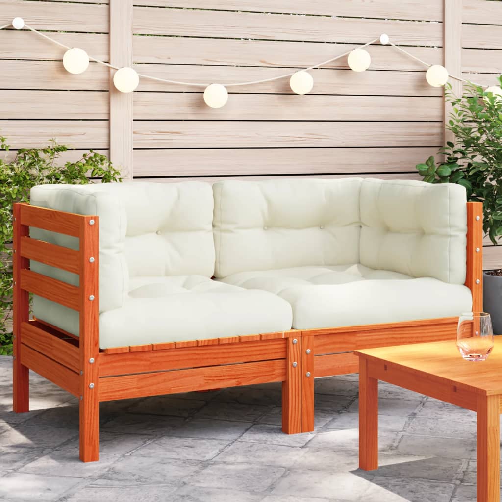 vidaXL Patio Sofa Corner with Cushions 2 pcs Wax Brown Solid Wood Pine-0