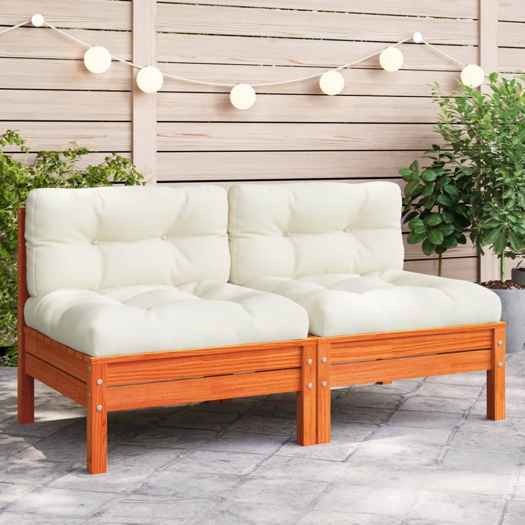 vidaXL Patio Sofa Armless with Cushions Wax Brown Solid Wood Pine-0