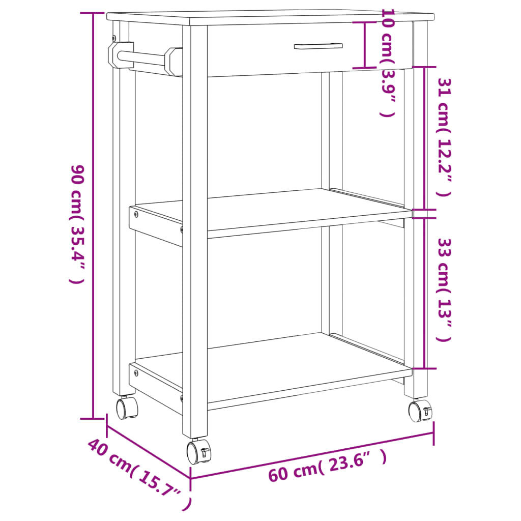 vidaXL Kitchen Trolley MONZA 23.6"x15.7"x35.4" Solid Wood Pine-9