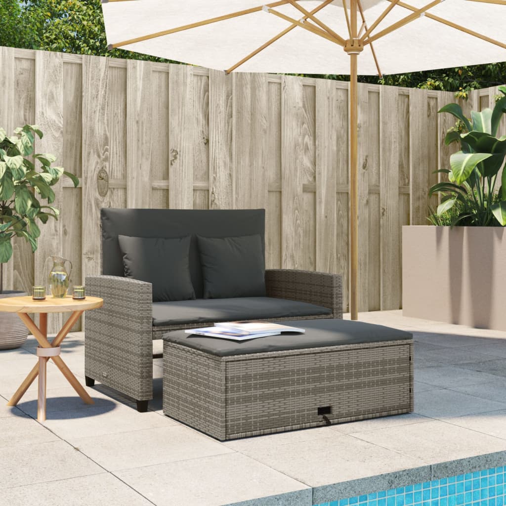 vidaXL Patio Sofa with Cushions 2-Seater Gray Poly Rattan-1