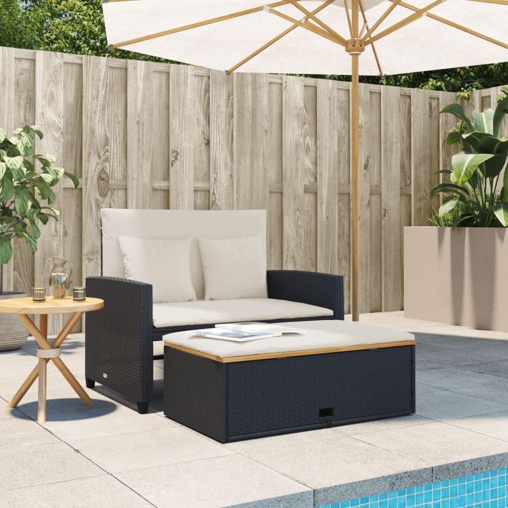 vidaXL Patio Sofa with Cushions 2-Seater Black Poly Rattan&Acacia Wood-1