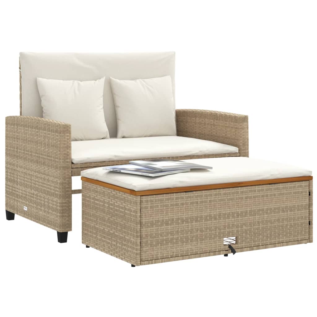 vidaXL Patio Sofa with Cushions 2-Seater Beige Poly Rattan&Acacia Wood-2