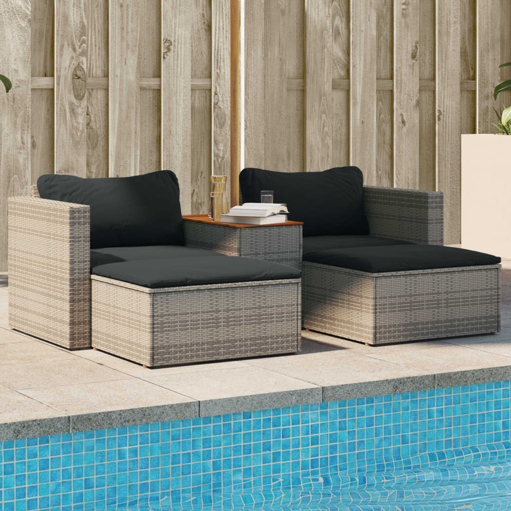 vidaXL Patio Sofa Set with Cushions Balcony Garden 5 Piece Poly Rattan Acacia-5