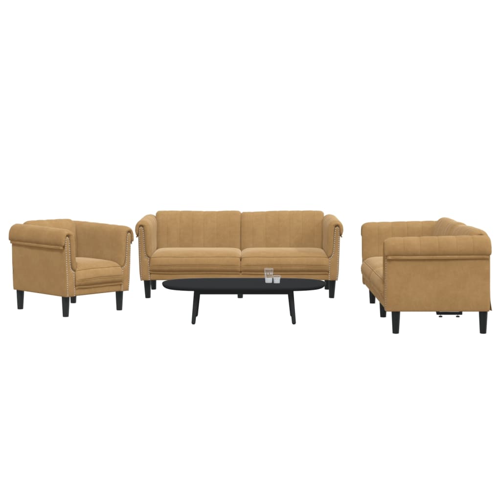 vidaXL 3 Piece Sofa Set Brown Velvet-0