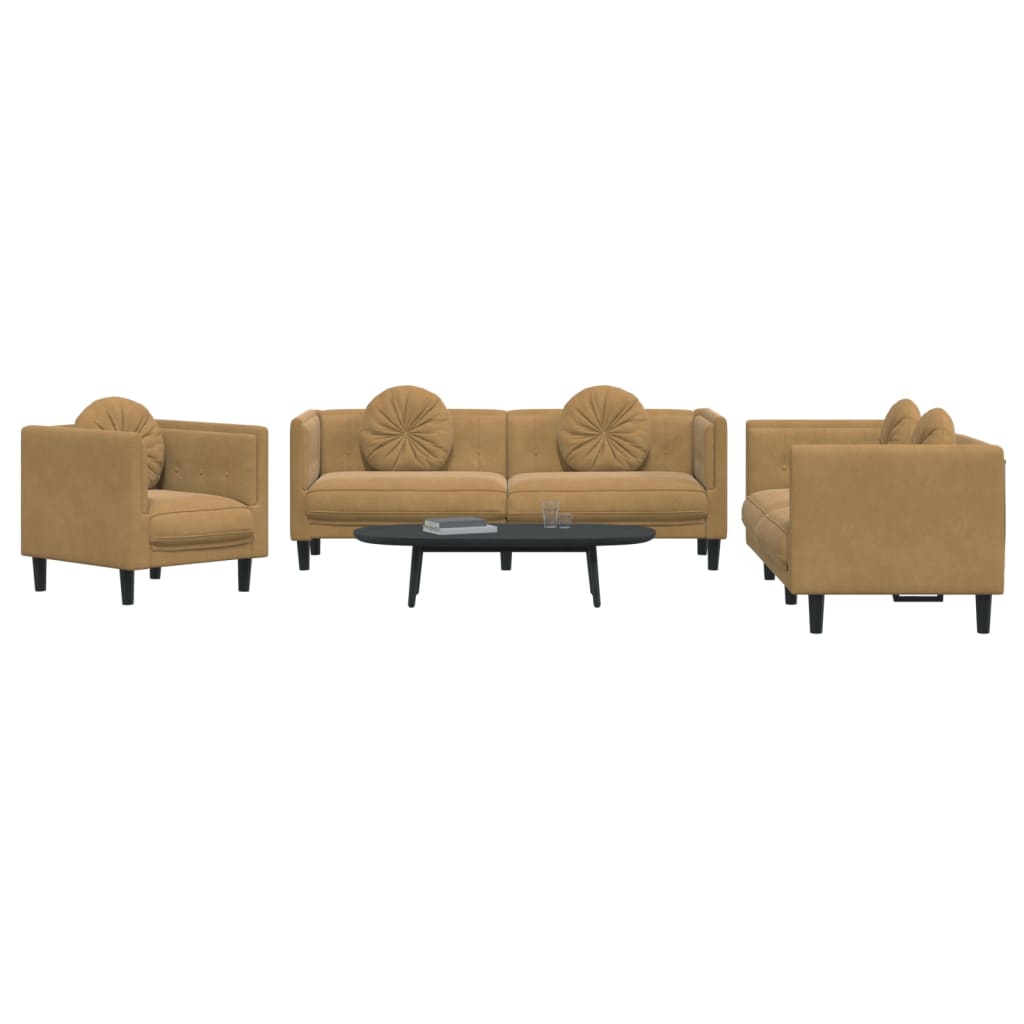 vidaXL 3 Piece Sofa Set with Pillows Brown Velvet-1