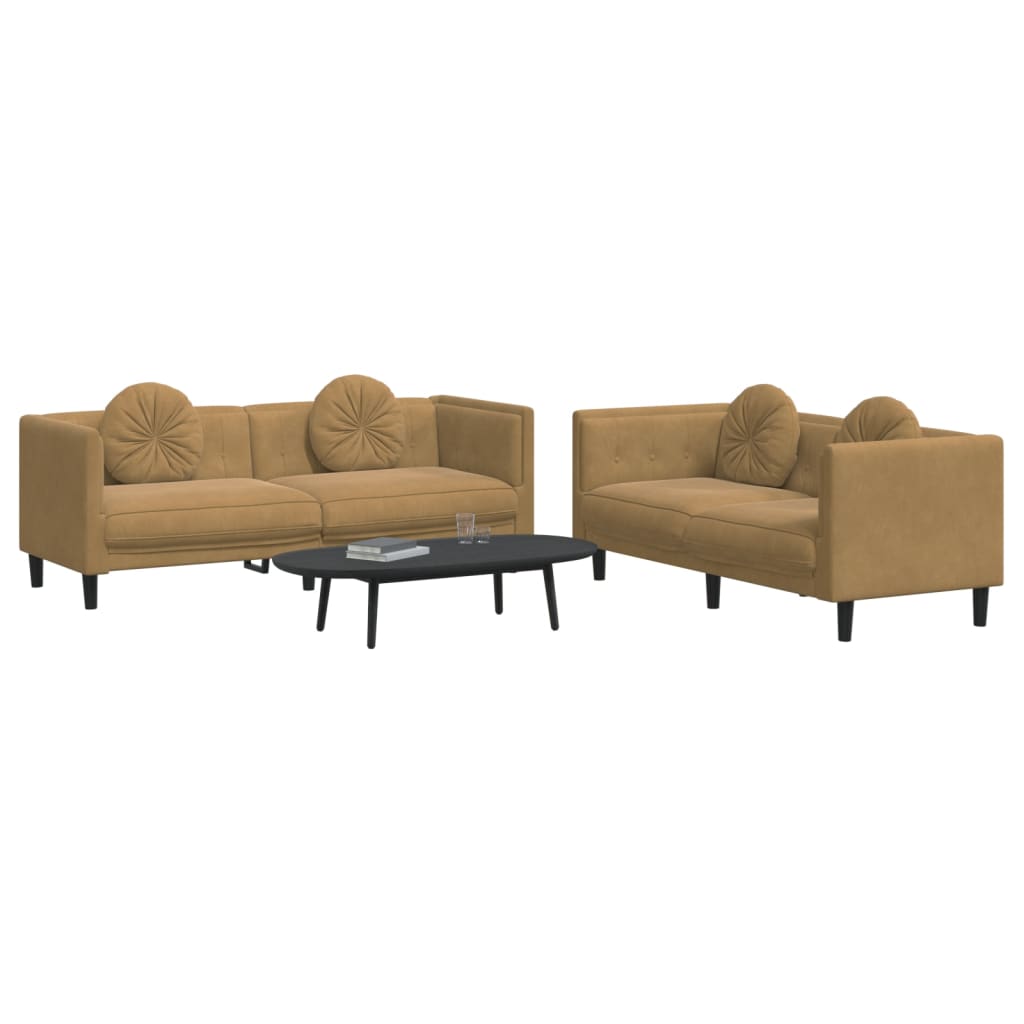 vidaXL 2 Piece Sofa Set with Pillows Brown Velvet-1