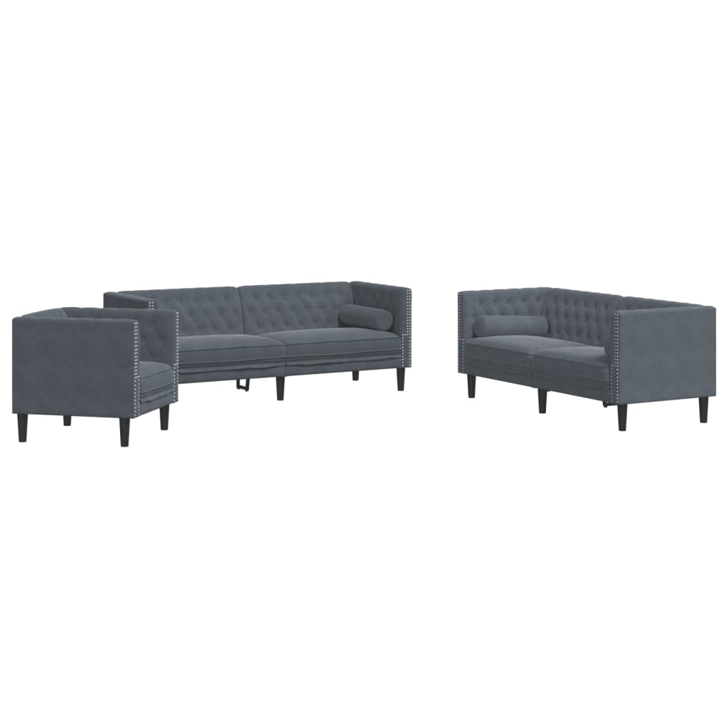 vidaXL 3 Piece Chesterfield Sofa Set with Bolsters Dark Gray Velvet-1