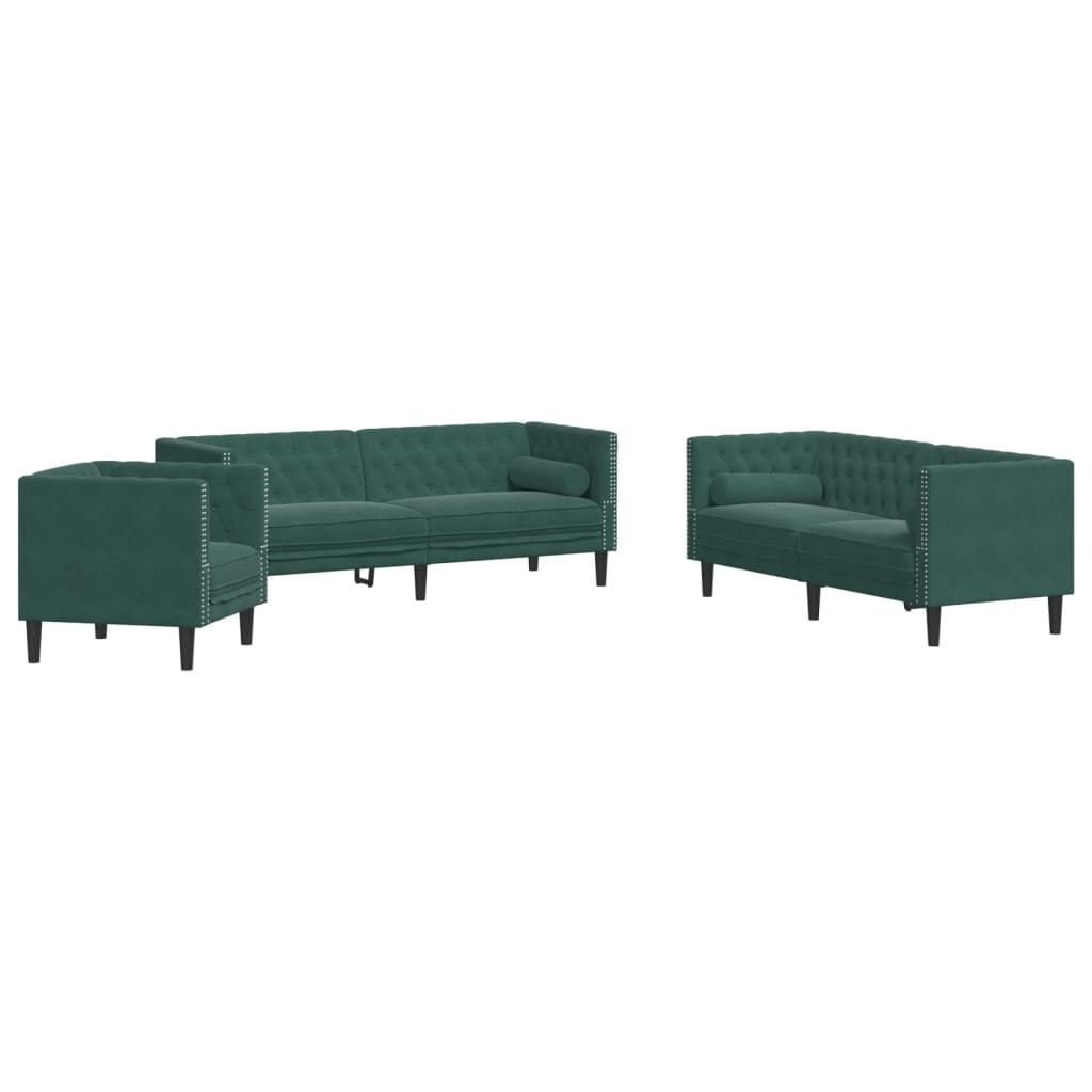 vidaXL 3 Piece Chesterfield Sofa Set with Bolsters Dark Green Velvet-1