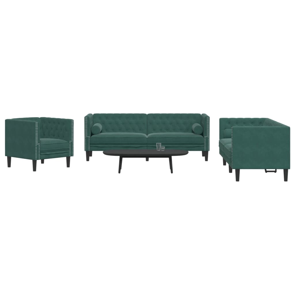 vidaXL 3 Piece Chesterfield Sofa Set with Bolsters Dark Green Velvet-0