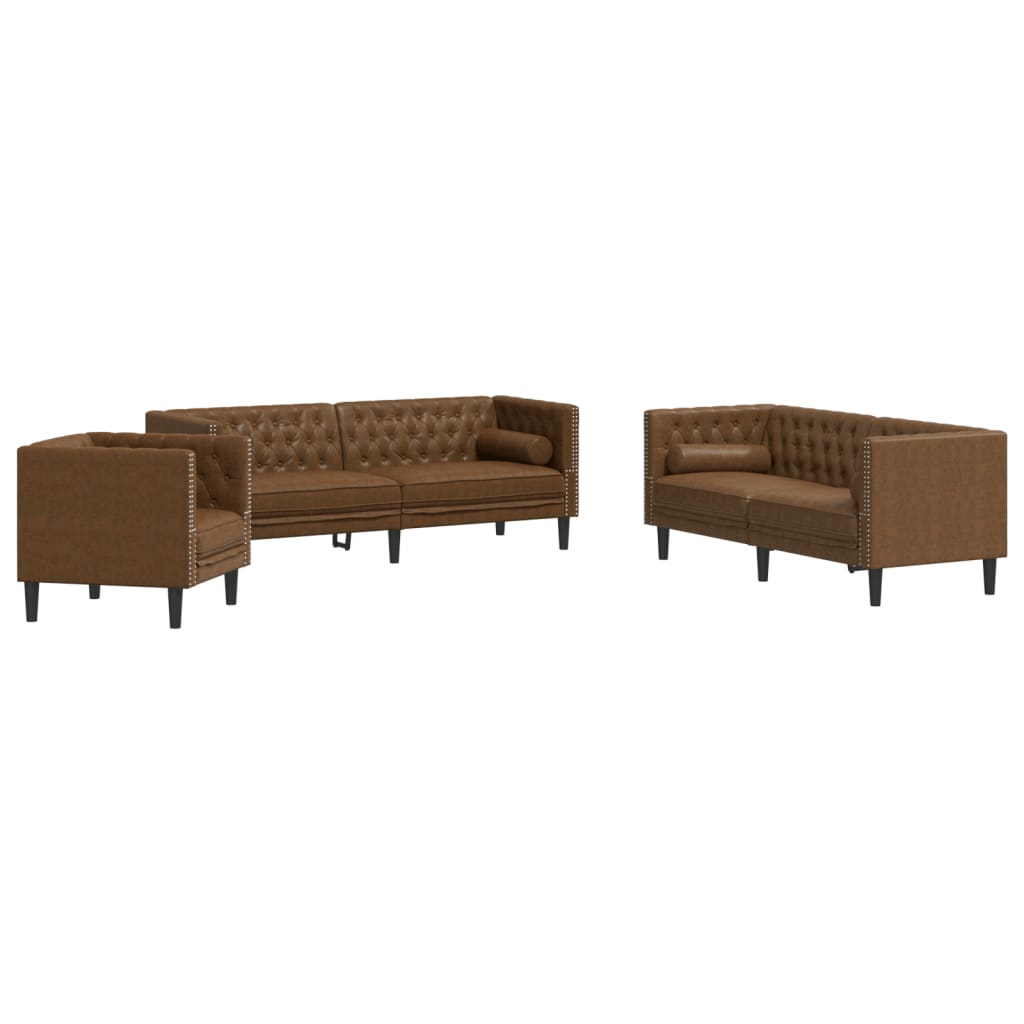 vidaXL 3 Piece Chesterfield Sofa Set with Bolsters Brown Faux Suede Leather-1