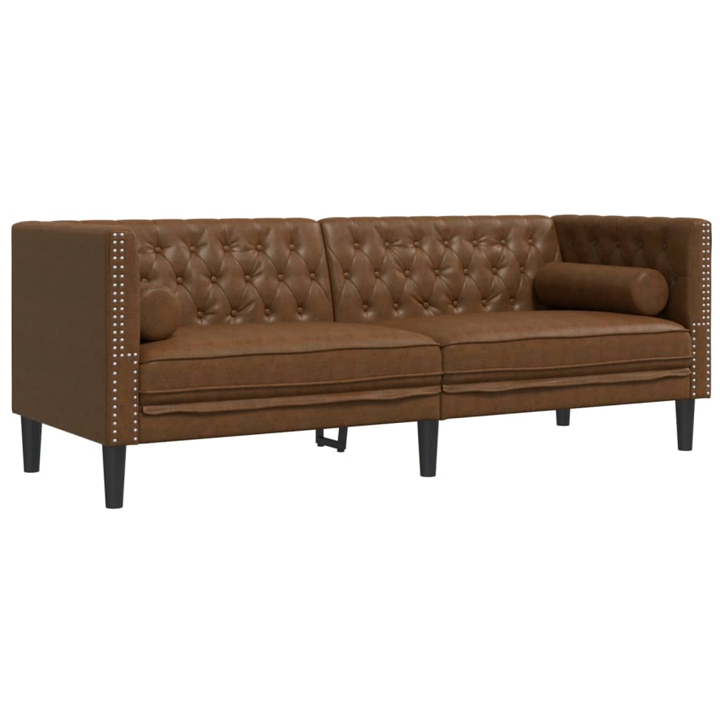 vidaXL 3 Piece Chesterfield Sofa Set with Bolsters Brown Faux Suede Leather-3