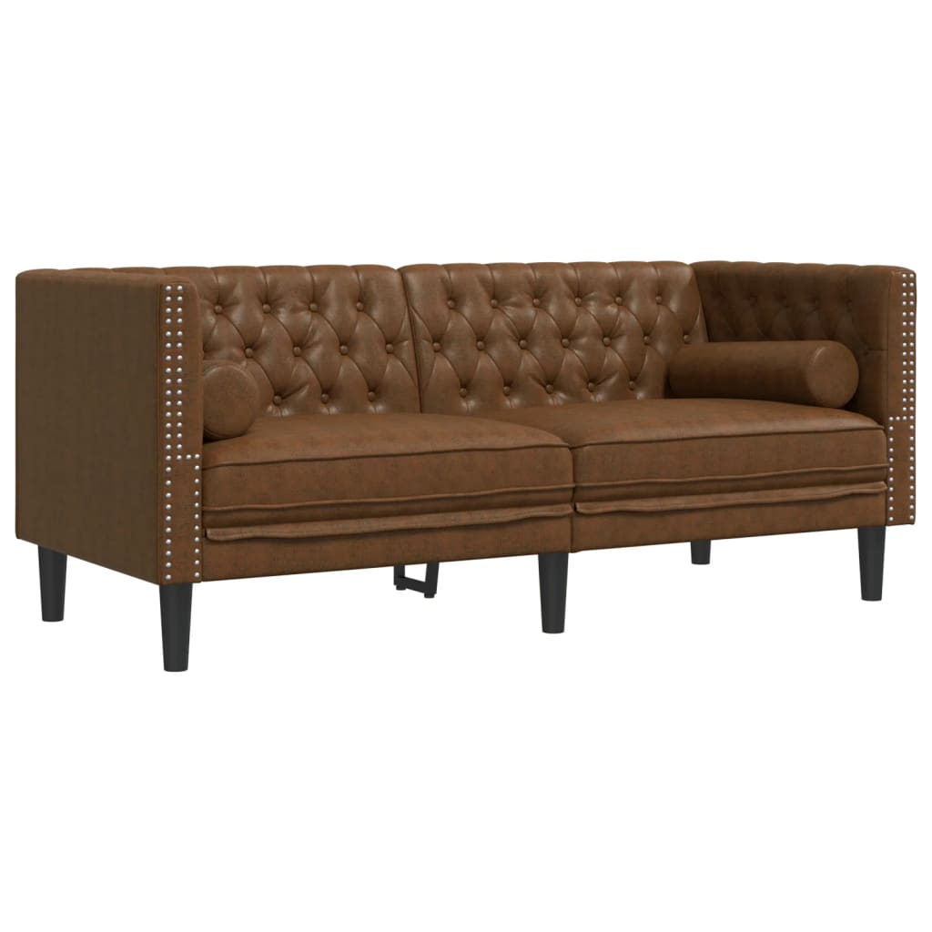 vidaXL 3 Piece Chesterfield Sofa Set with Bolsters Brown Faux Suede Leather-4