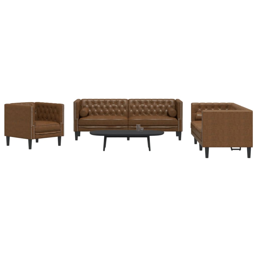 vidaXL 3 Piece Chesterfield Sofa Set with Bolsters Brown Faux Suede Leather-0