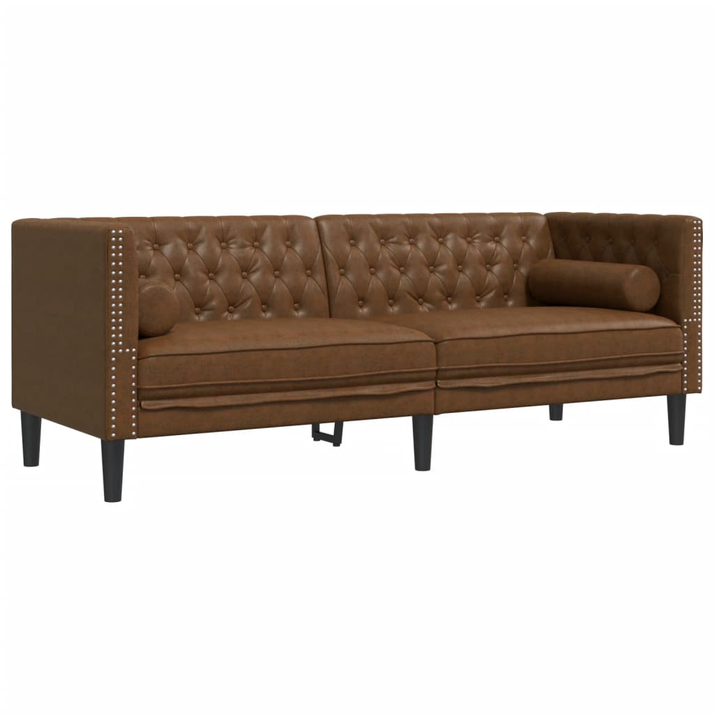 vidaXL 2 Piece Chesterfield Sofa Set with Bolsters Brown Faux Suede Leather-3