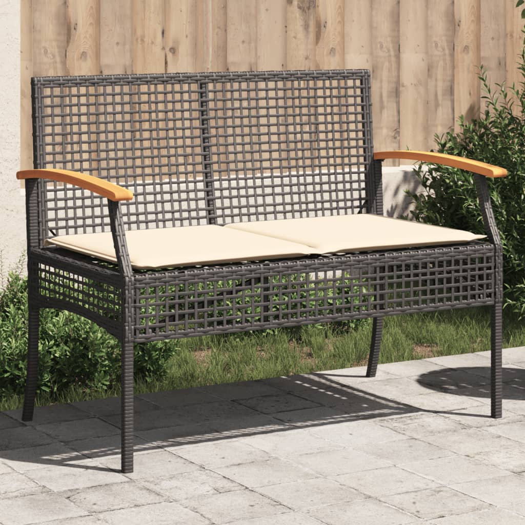 vidaXL Patio Bench with Cushion Black Poly Rattan Acacia Wood-0