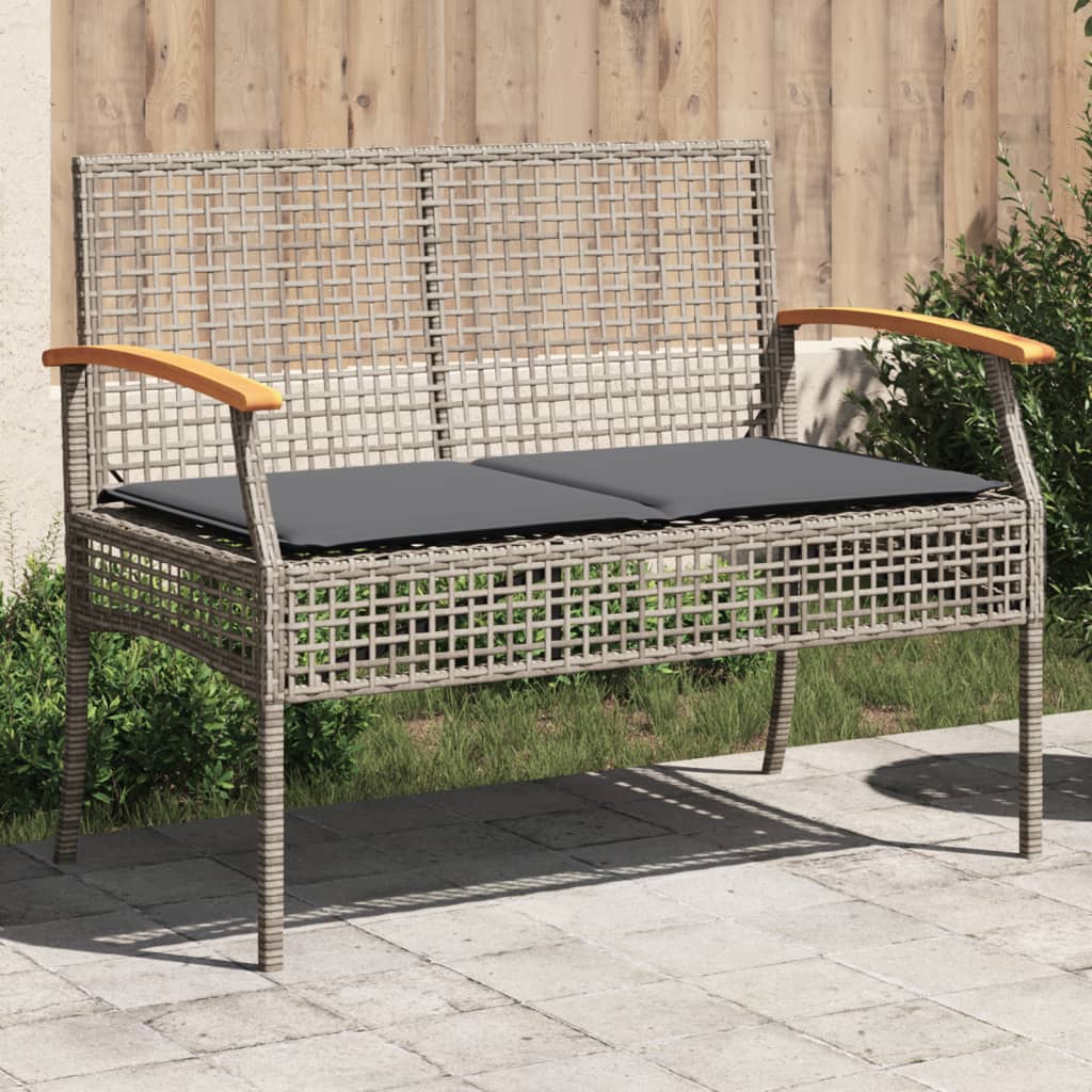 vidaXL Patio Bench with Cushion Gray Poly Rattan Acacia Wood-0