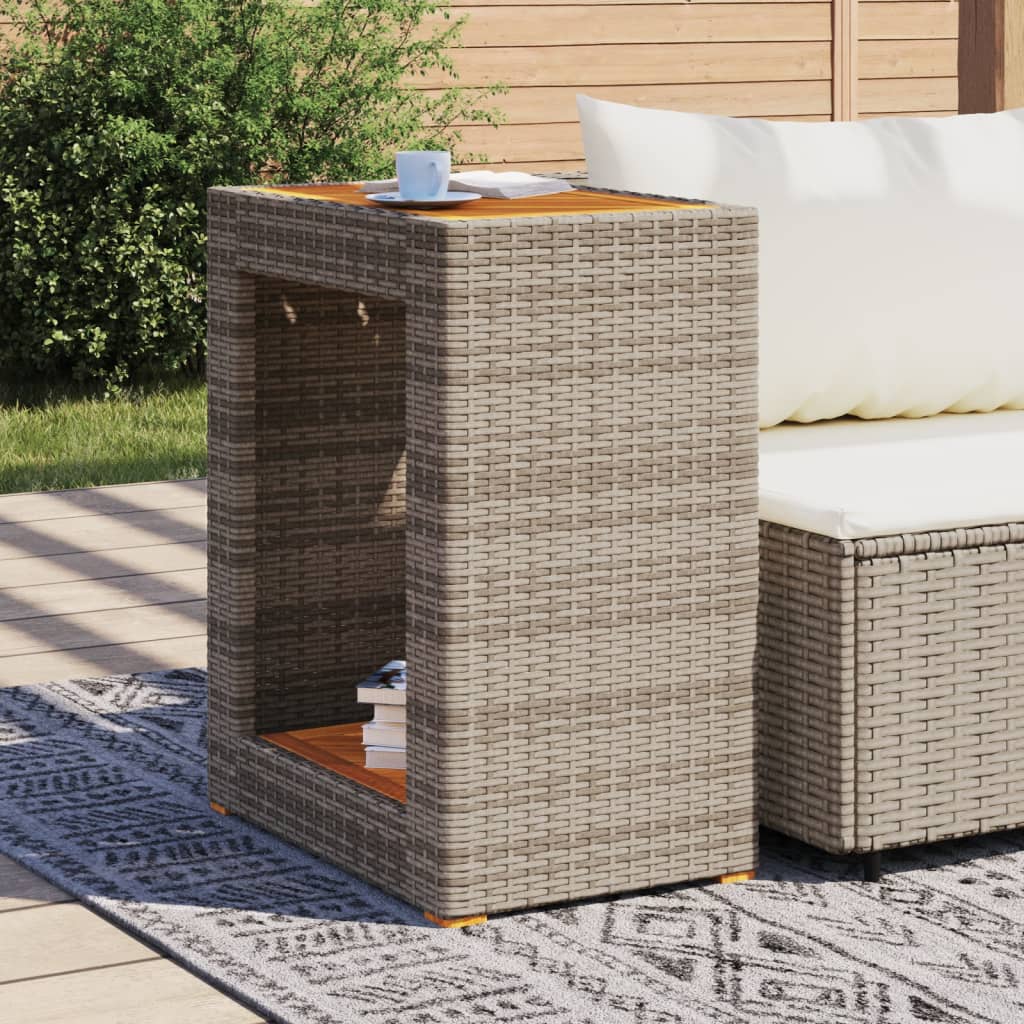 vidaXL Patio Side Table with Wooden Top Beige 39.4"x15.7"x29.5" Poly Rattan-1