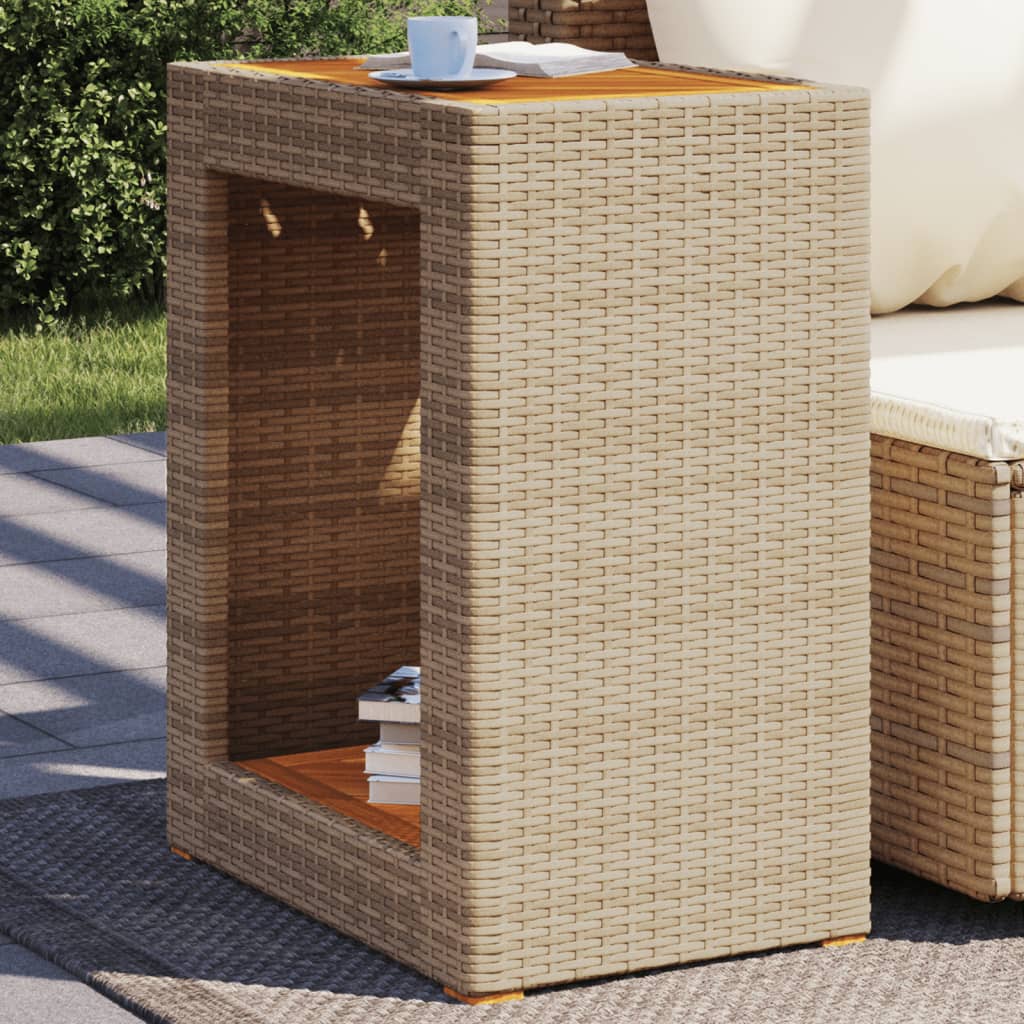 vidaXL Patio Side Table with Wooden Top Beige 39.4"x15.7"x29.5" Poly Rattan-5