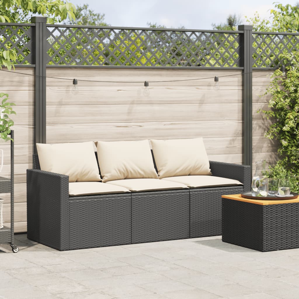 vidaXL Patio Sofa with Cushions 3-Seater Black Poly Rattan-1