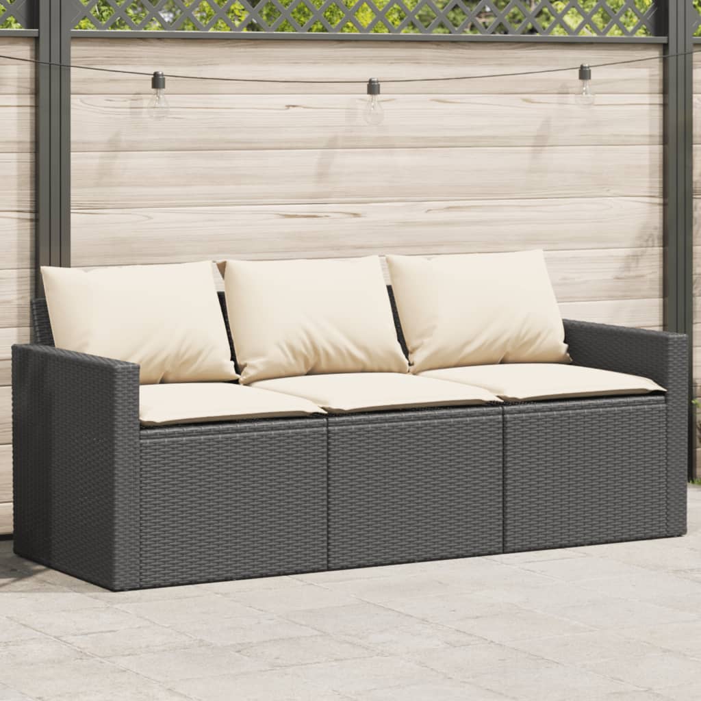 vidaXL Patio Sofa with Cushions 3-Seater Black Poly Rattan-0