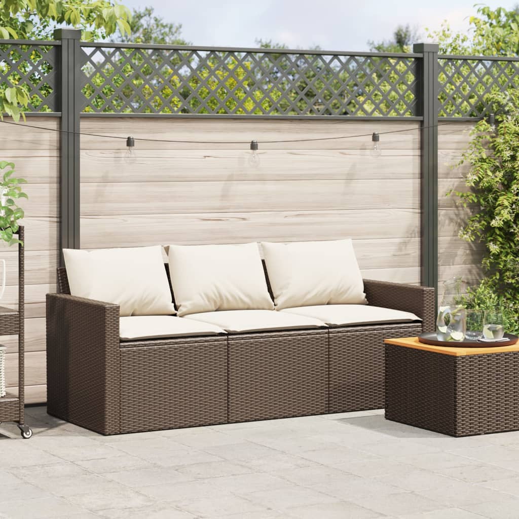 vidaXL Patio Sofa with Cushions 3-Seater Brown Poly Rattan-1