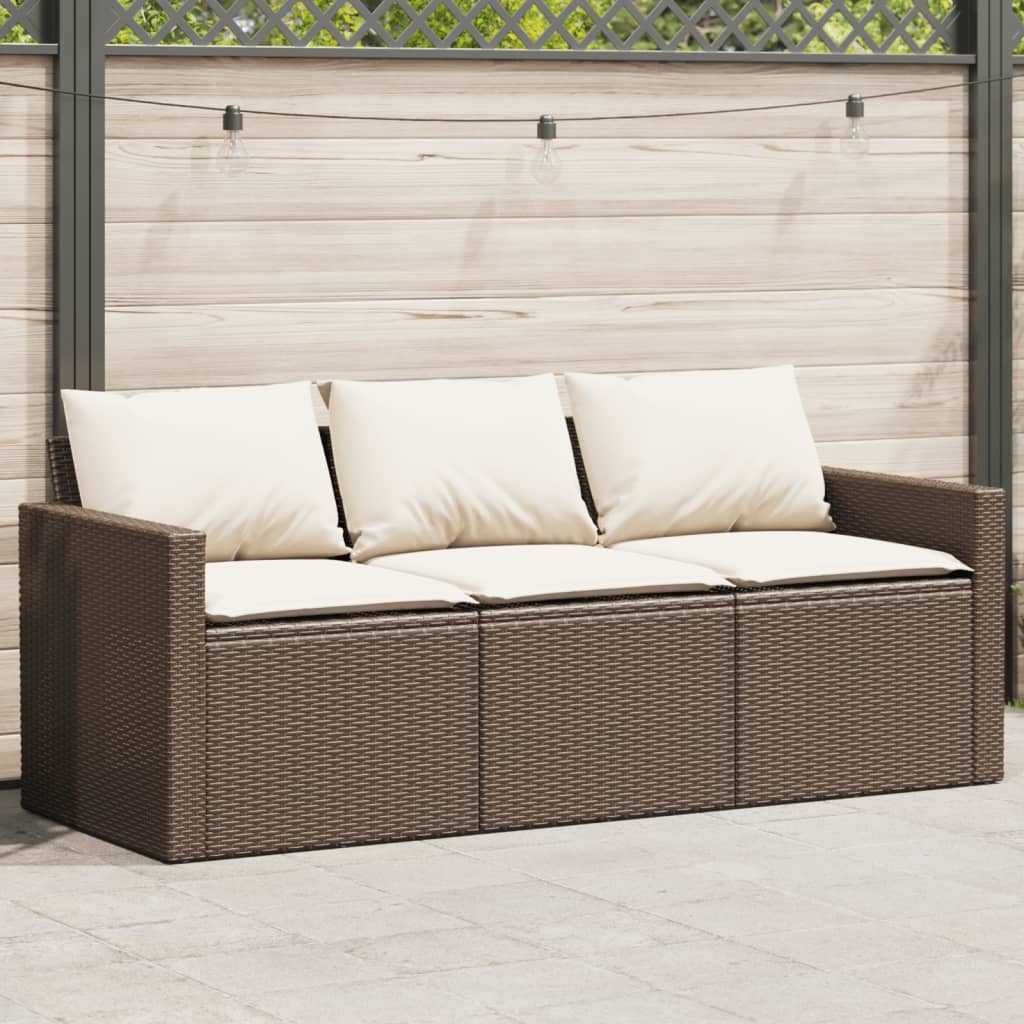 vidaXL Patio Sofa with Cushions 3-Seater Brown Poly Rattan-0