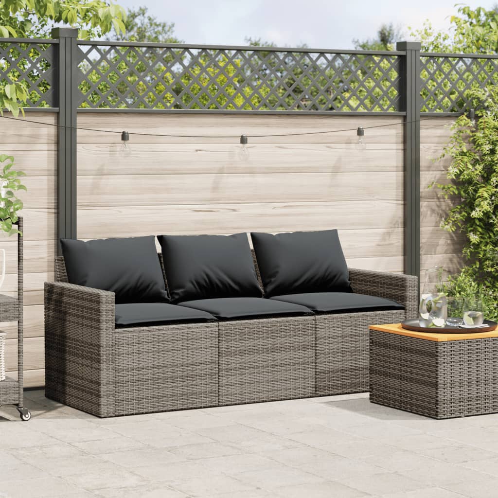 vidaXL Patio Sofa with Cushions 3-Seater Gray Poly Rattan-1