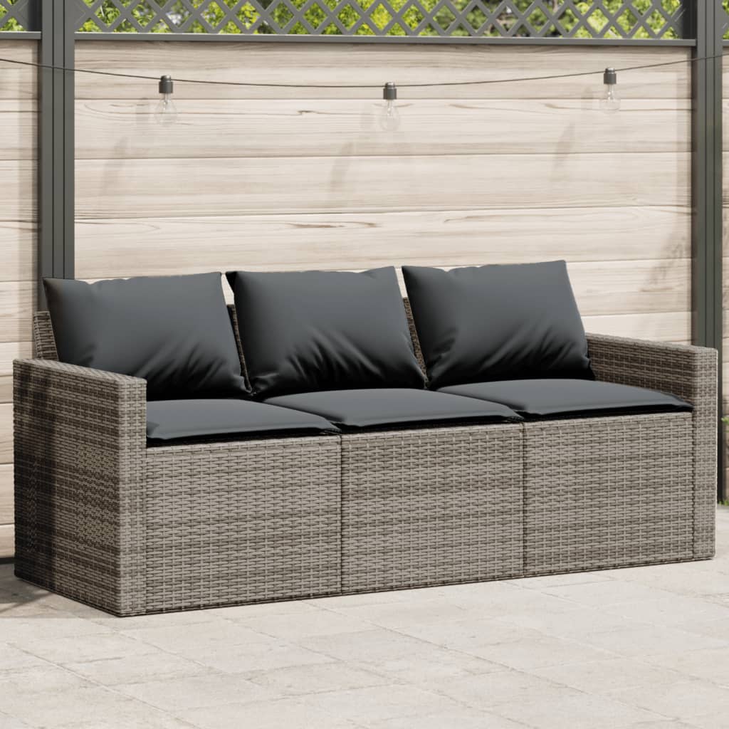 vidaXL Patio Sofa with Cushions 3-Seater Gray Poly Rattan-0