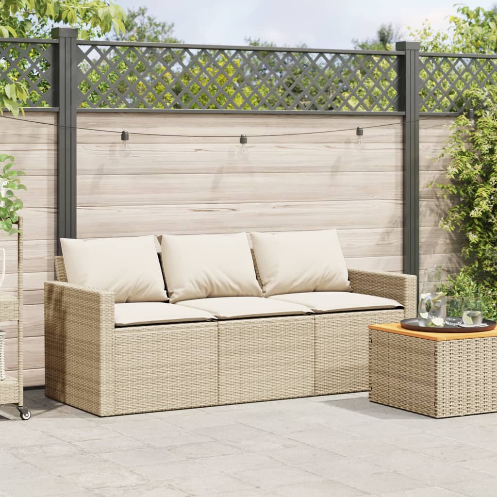 vidaXL Patio Sofa with Cushions 3-Seater Beige Poly Rattan-1