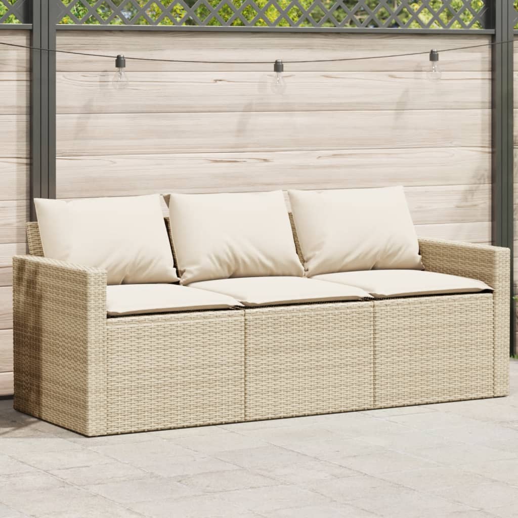 vidaXL Patio Sofa with Cushions 3-Seater Beige Poly Rattan-0