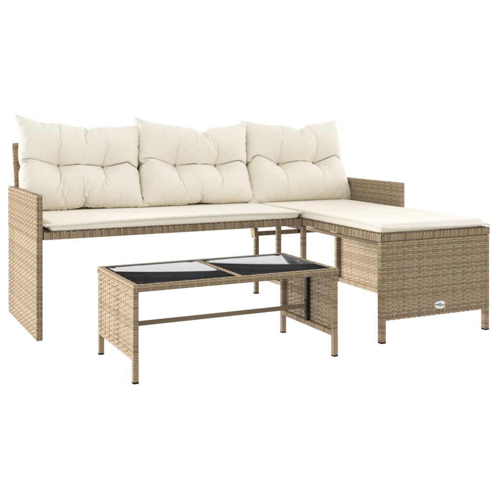 vidaXL Patio Sofa with Table and Cushions L-Shaped Beige Poly Rattan-0