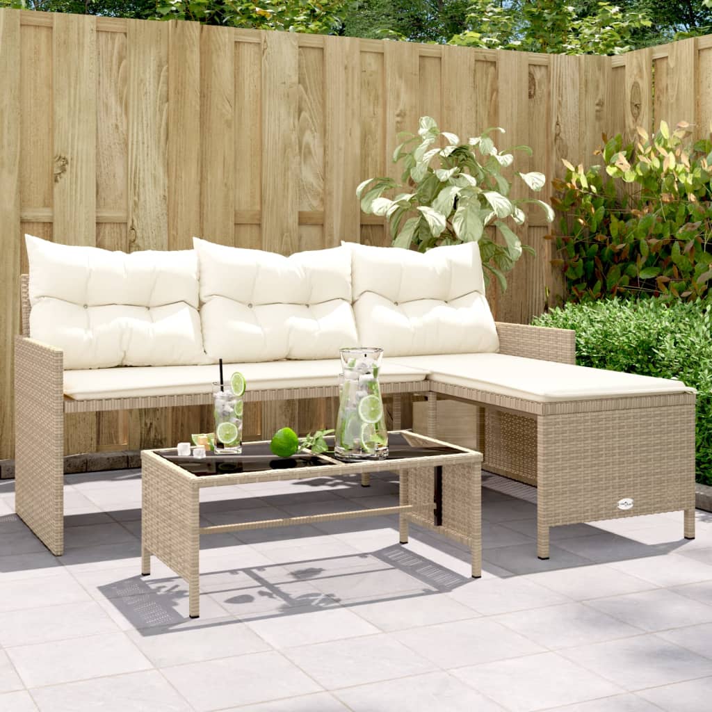 vidaXL Patio Sofa with Table and Cushions L-Shaped Beige Poly Rattan-4