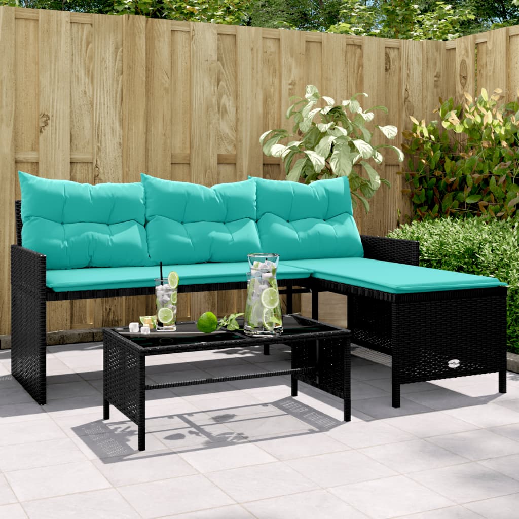 vidaXL Patio Sofa with Table and Cushions L-Shaped Black Poly Rattan-5